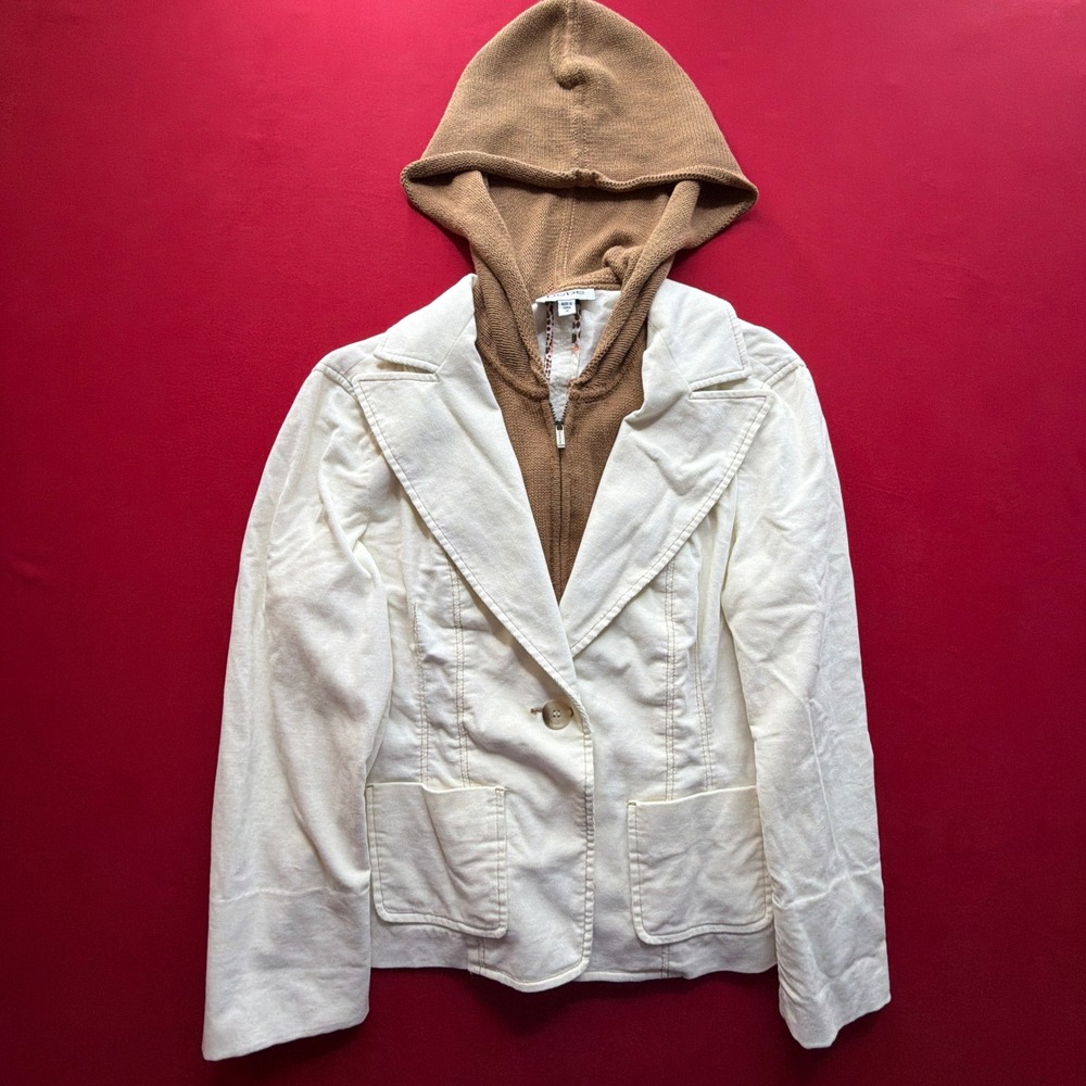 Vintage Y2K Bebe‎ Corduroy Blazer Knit Hoodie Cream Tan Size 10 Single Button